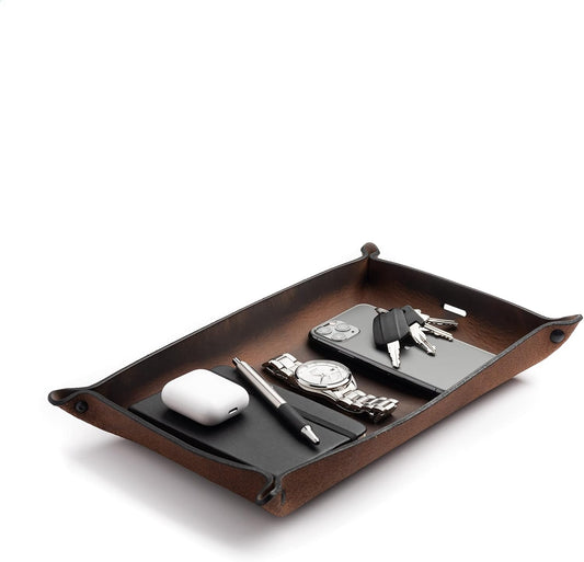 Main Street Forge Leather Valet Tray for Men – Rustic EDC Organizer for Keys, Phone & Wallet – Made in USA – Bootlegger Brown