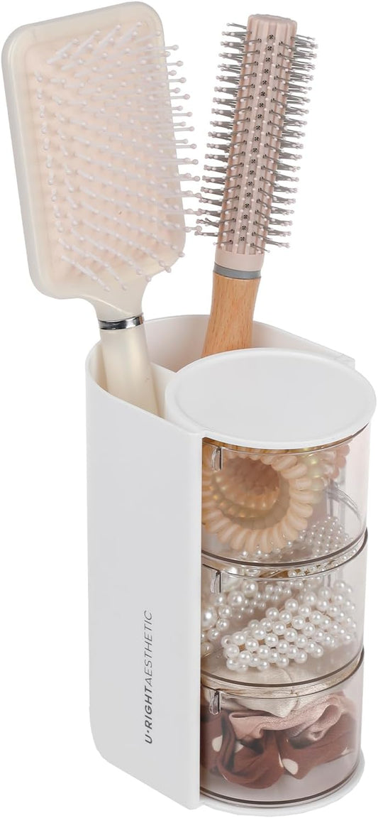 FABROK 3-Layer Clear Hair Accessories Organizer with Hair Brushes Holder, Rotatable Small Jewelry Box for Clip Earring Necklaces, Desktop Organizer Case for Cotton Swab, Accessories