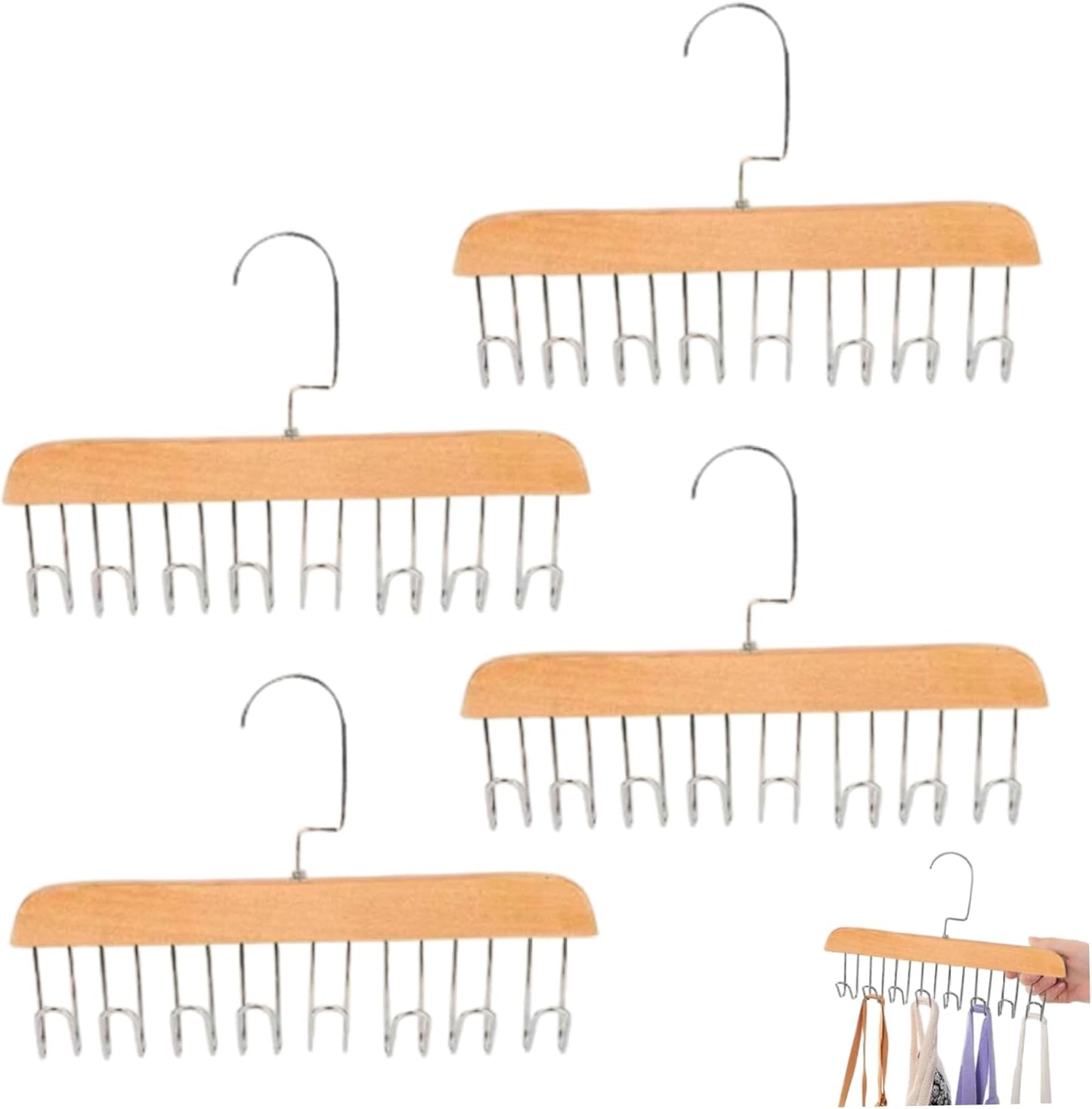 4PCS Belt Hanger for Closet with 8 Hooks Non-Slip Wooden Belt Hook Space-Saving for Ties, Scarves, Bras