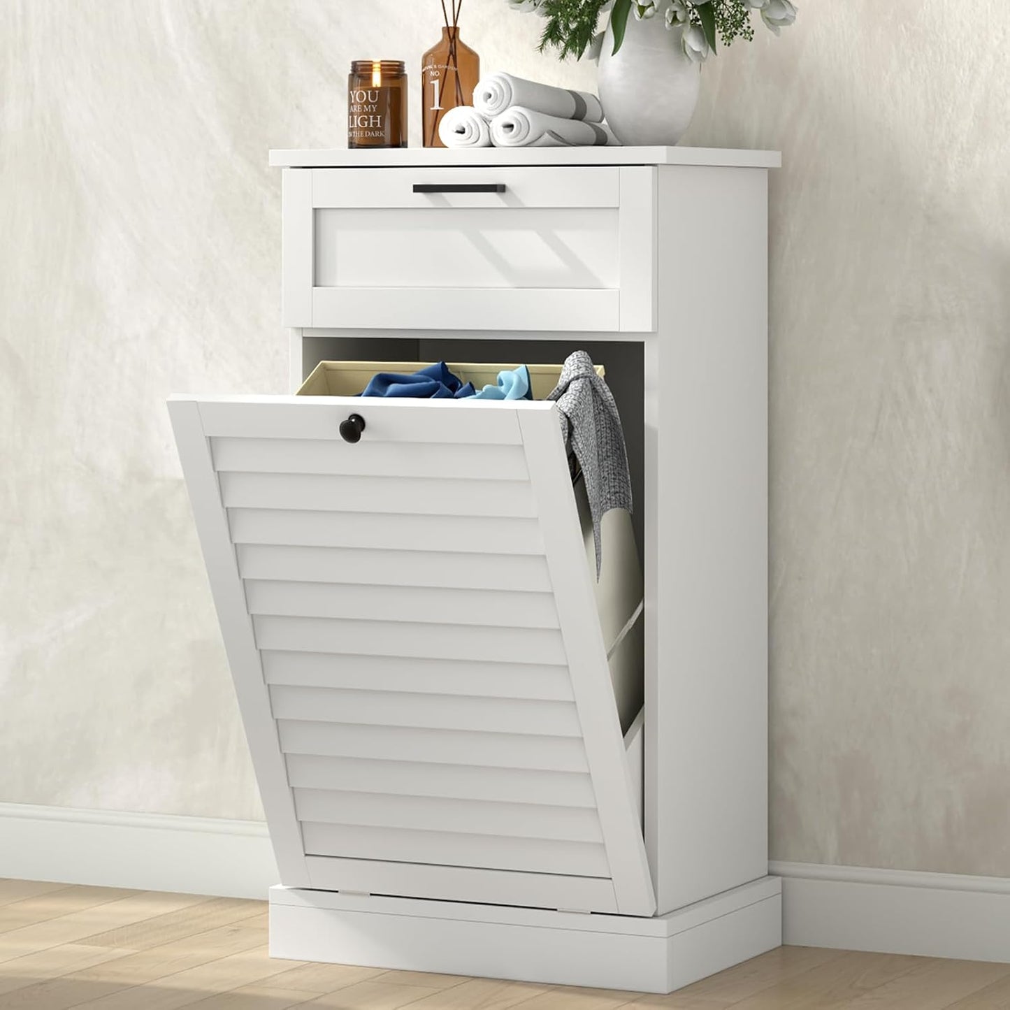 Upgraded Tilt Out Laundry Hamper Cabinet, 15 Gallon Trash Can Cabinet with Shutter Front & Drawer, Hidden Garbage Can Bin Cabinets with Laundry Storage Basket for Bathroom, Kitchen (White, Single)