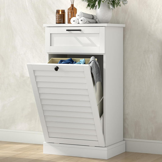 Upgraded Tilt Out Laundry Hamper Cabinet, 15 Gallon Trash Can Cabinet with Shutter Front & Drawer, Hidden Garbage Can Bin Cabinets with Laundry Storage Basket for Bathroom, Kitchen (White, Single)