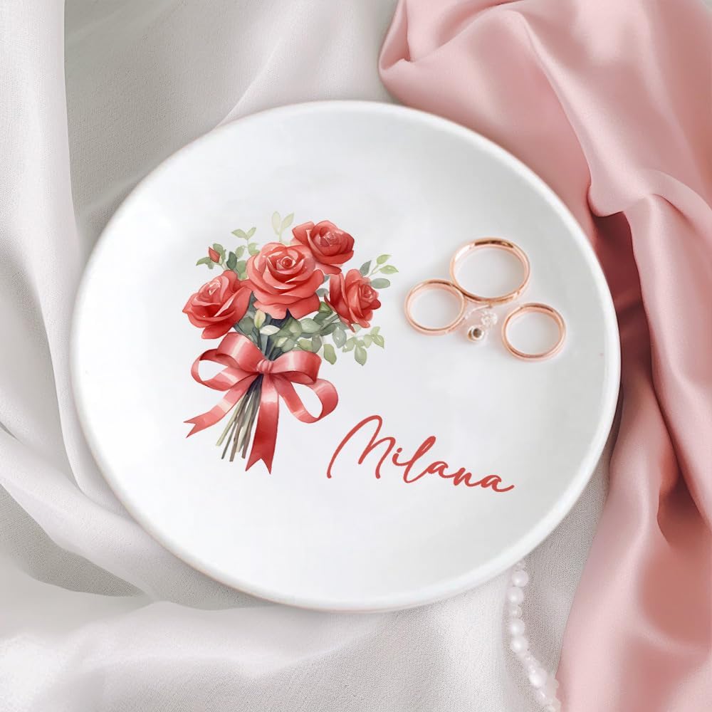 Custom Ceramic Jewelry Tray Birth Flower Personalized Name Decorative Trinket Dish for Rings Earrings Necklaces Birthday Christmas Bridesmaid Gifts for Women Her Size 4"×4"