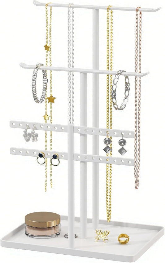 Jewelry Stand Organizer for Necklace Earring - 14.5" Sturdy Metal, 3-TierJewelry Holder for Bracelet, Ring Display and Storage, White