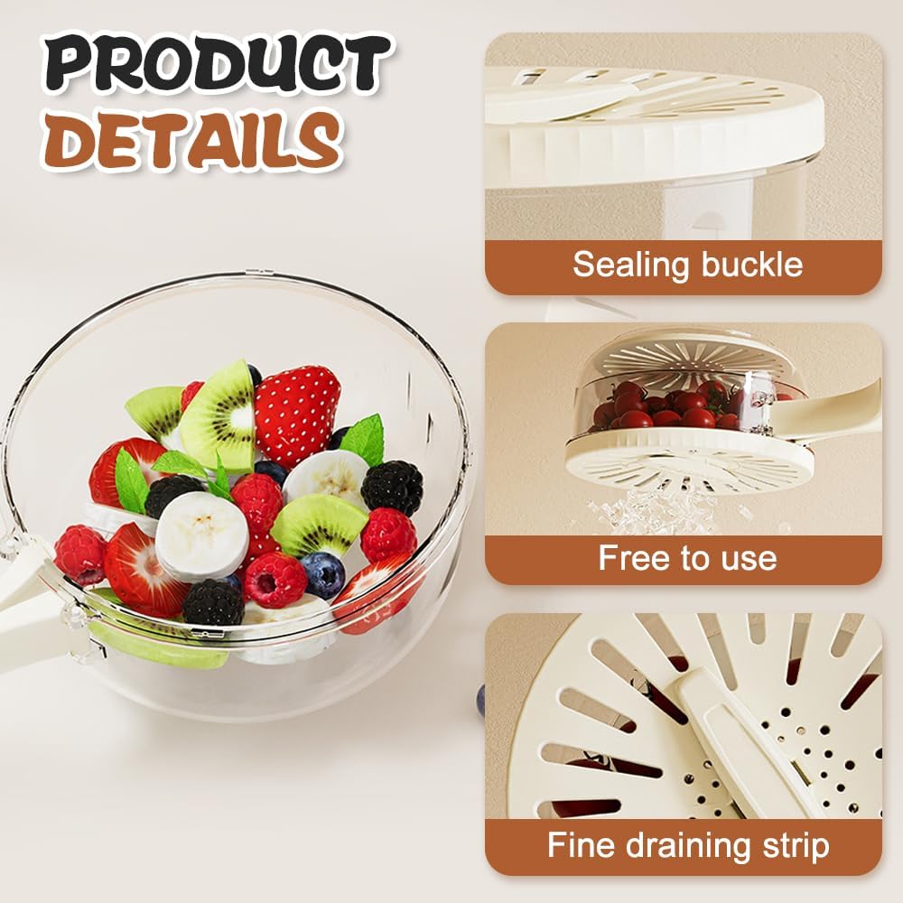 Multi-Functional Fruit and Vegetable Washing Bowl, Fruit Strainer Container with Lid, 2 In 1 Sealed Drainer Basket, Drainer and Freshness Basket, Kitchen Tool with Foldable Handle (Brown 2pcs)