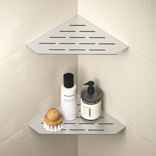 Corner Shower Shelf, 304 Stainless Steel Pentagonal Heavy Duty Floating Corner Sheves Slot Design Recessed Bathroom Shelf for Tiled Wall 2 Pack(Brushed, 8"-2 Pack)