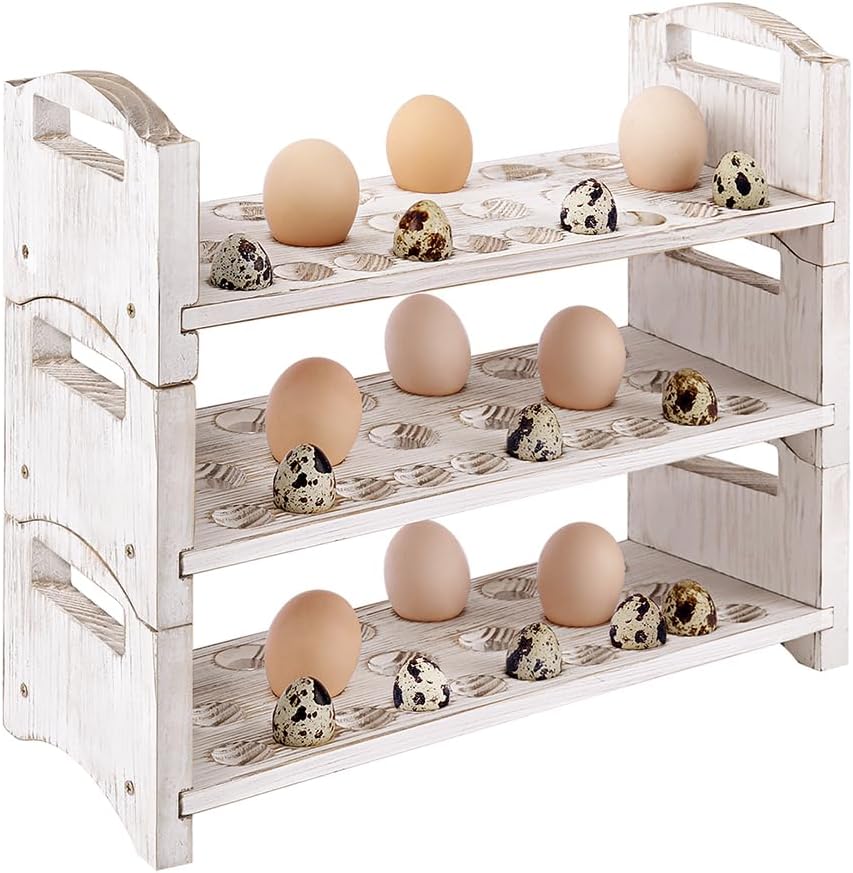 Wooden Egg Holder 3 Layer Fresh Egg Rack Holders Countertop Stackable Quail Egg Sorter Storage Trays Organizer Display Stand Kitchen Rack, Fits Duck, Turkey, Chicken Eggs,up to 36 Eggs, 3 Tier-White