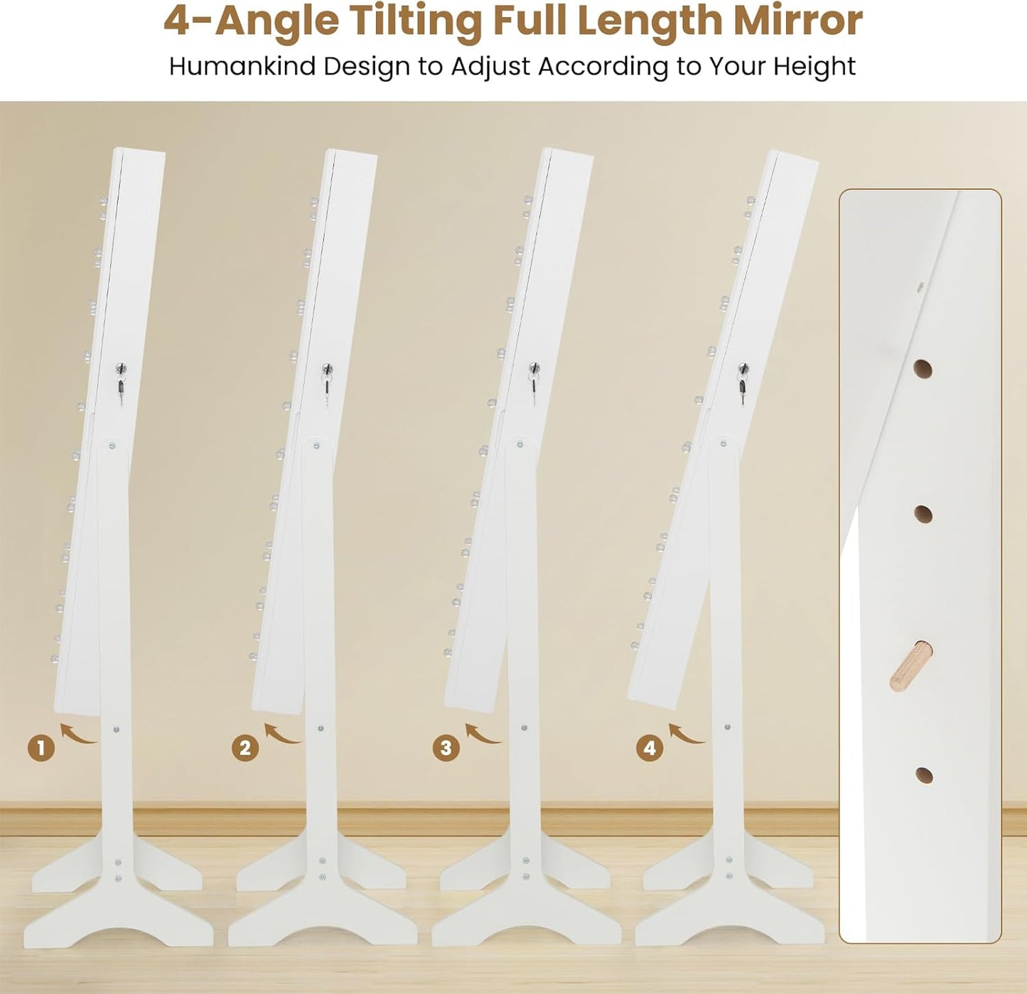 Giantex Standing Jewelry Armoire with Lighted Full Length Mirror, Lockable Jewelry Cabinet Organizer with 20 LED Lights, Adjustable Tilt, Large Storage for Earrings, Rings, Necklaces, White
