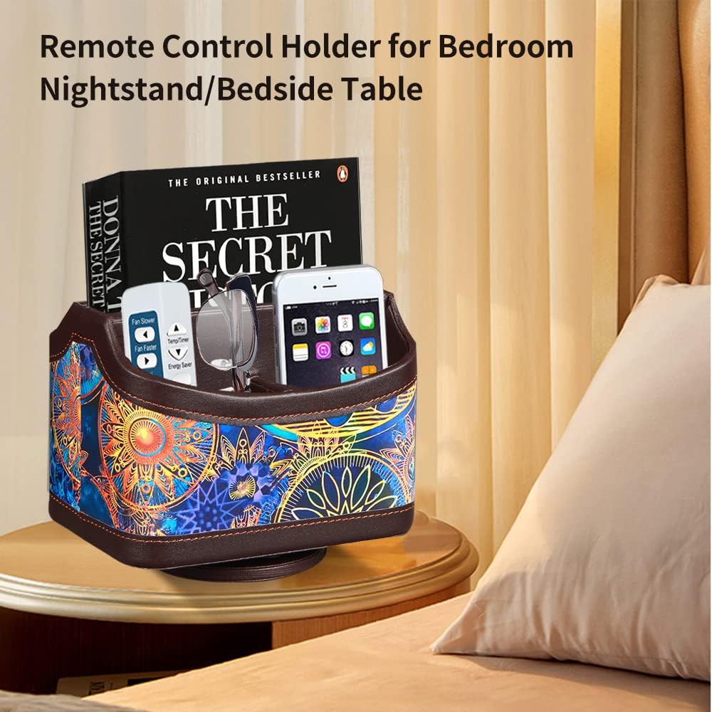PUSU 360°Rotatable Remote Control Holder, PU Leather TV Remote Holder Caddy for Table, Bright and Colorful Art Supply Organizer Pen Holder, Multi-Functional Desk Organizer Living Room Office Decor