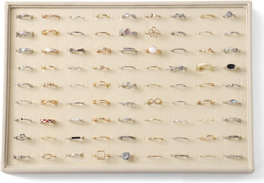 Large Jewelry Organizer for Drawer Insert Velvet Stackable Jewelry Trays for Earring Necklace Bracelet Ring Display (Beige, Ring 100 Slots)