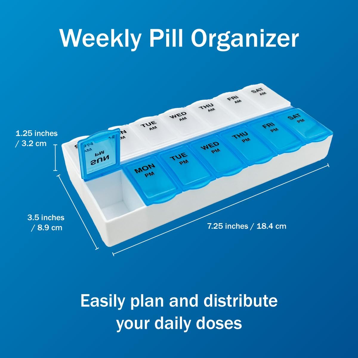 Amazon Basic Care 7-Day AM/PM Pill Organizer | Large Compartments | 2 Times Daily | Blue Clear Lids | Pack of 2