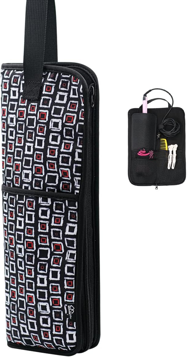 WK IEASON Hair Flat Iron Case Holder Canvas Bag Heat Resistant Curling Iron Straightener Holder Bag for Hair Tools Curling Iron Organizer Bag (Black check-Fabric bag)