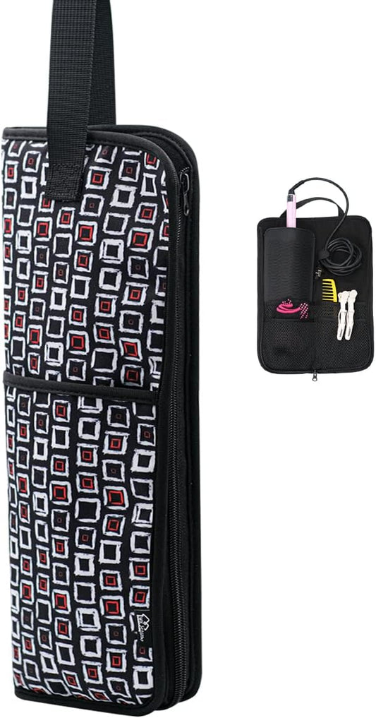 WK IEASON Hair Flat Iron Case Holder Canvas Bag Heat Resistant Curling Iron Straightener Holder Bag for Hair Tools Curling Iron Organizer Bag (Black check-Fabric bag)