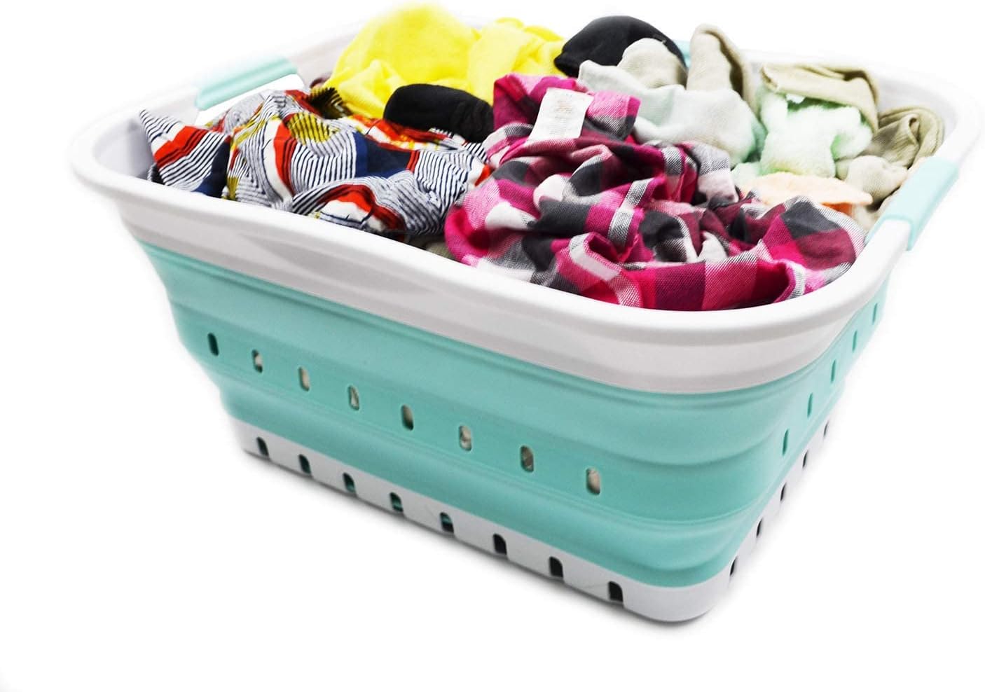 SAMMART 42L (11 gallon) Collapsible Plastic Laundry Basket - Foldable Pop Up Storage Container/Organizer - Space Saving Hamper/Basket (1, White/Lake Green)