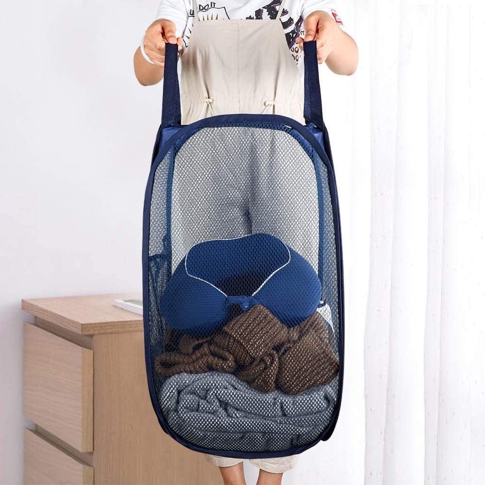 Larpur Popup Mesh Laundry Basket, Collapsible and Portable Clothes Washing Laundry Hamper with Reinforced Carry Handle (Blue*2)