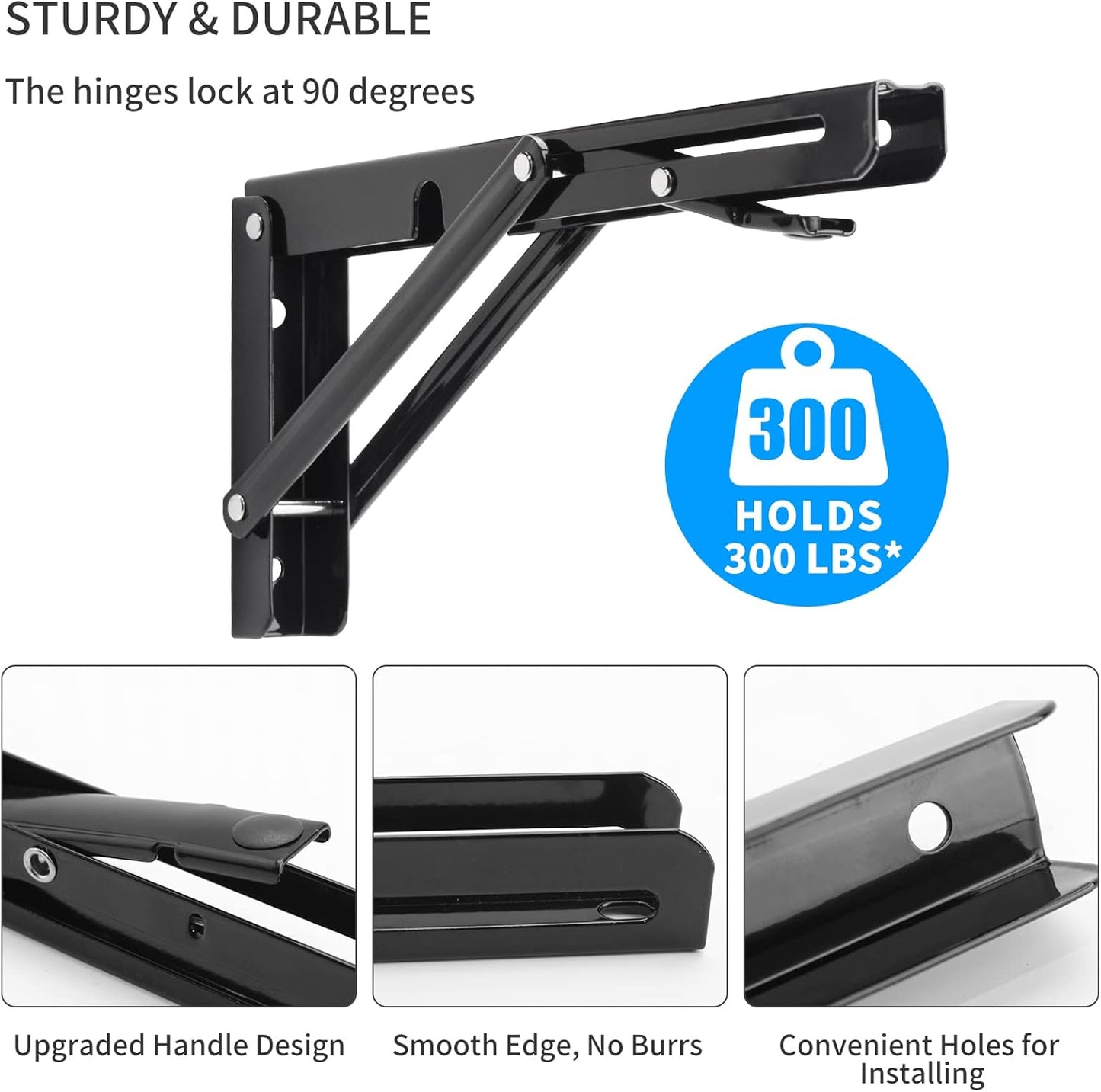 YUMORE Folding Shelf Brackets, 10 Inch Heavy Duty Collapsible Shelf Bracket, Black DIY L Bracket for Workbench Folding Table Hinge, Max Load: 330lb, 2 Pack