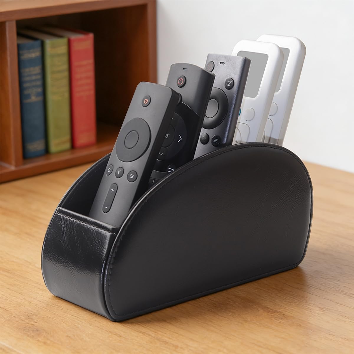 Remote Control Holder, PU Leather Remote Caddy Desktop Organizer with 5 Spacious Compartments for TV Remotes/Media Controllers/Office Supplies(Black)