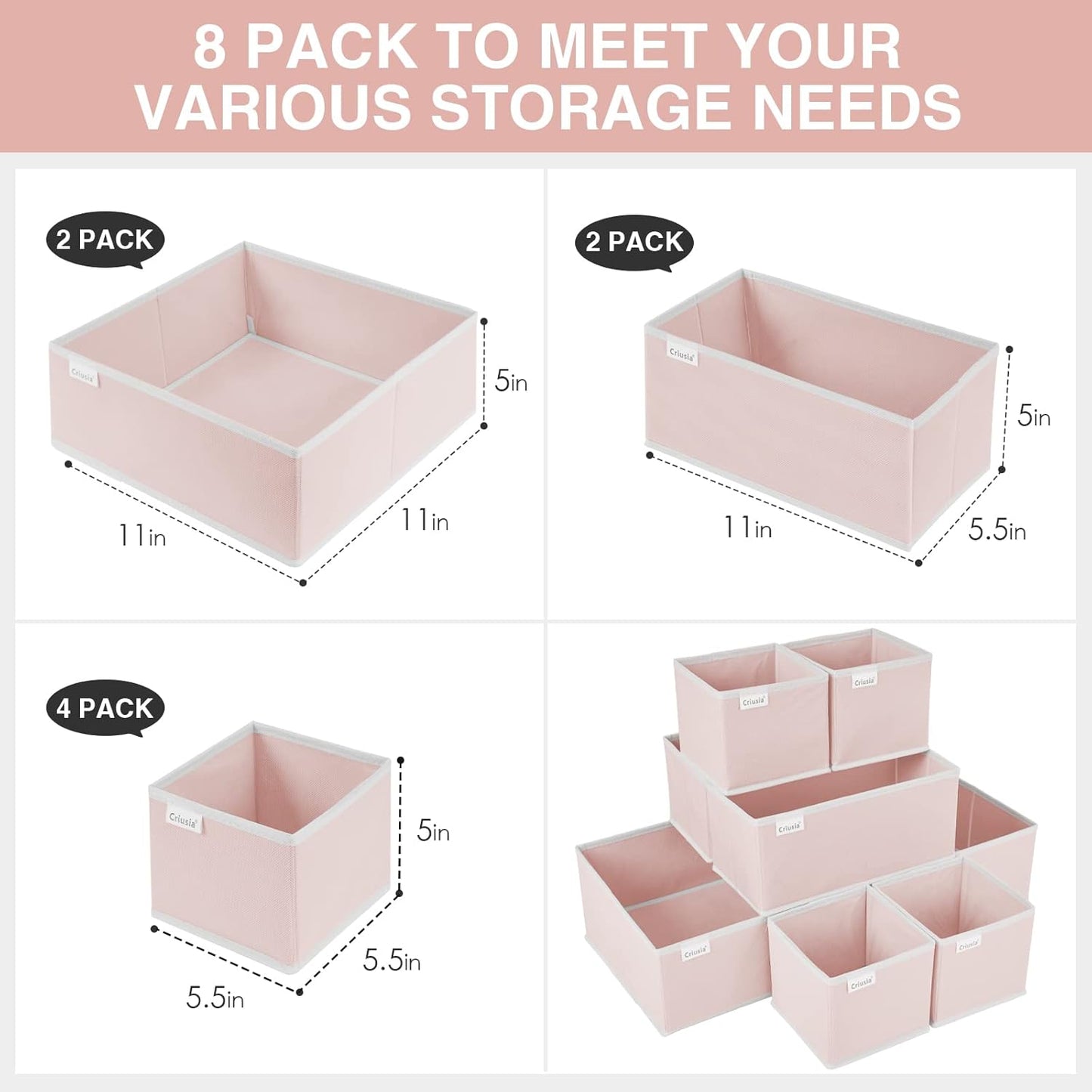 Criusia 8 Pack Underwear Drawer Organizer, Drawer Organizer Clothes, Foldable Cloth Storage Box Closet Dresser Drawer Divider Organizer for Clothes, Scarves