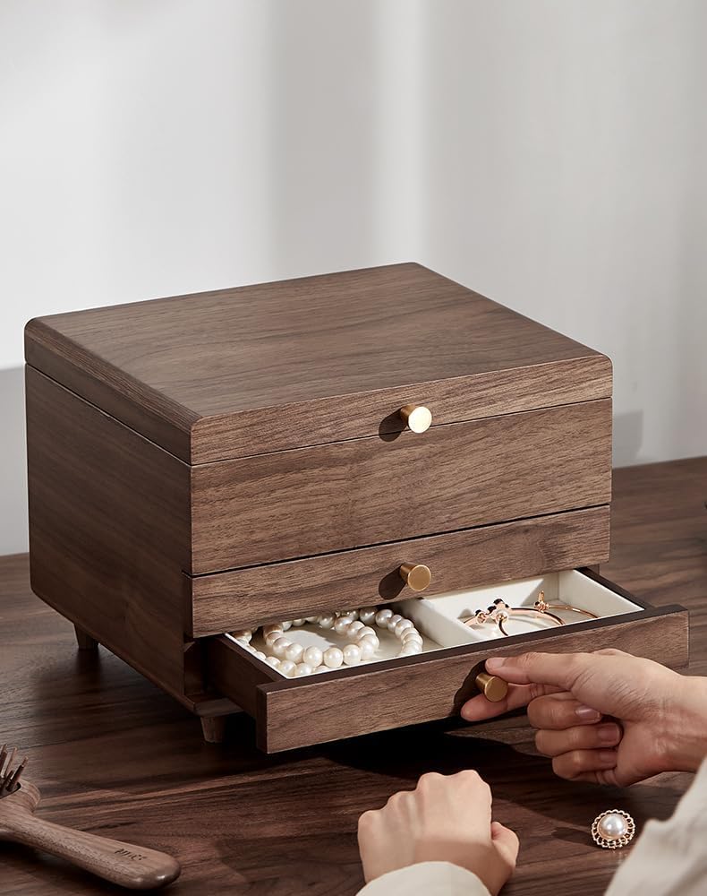 CHOSIN Wooden Jewelry Box, 3 Layer Large Jewelry Organizer for Women, Black Walnut Wood, Jewelry Storage for Necklaces Rings Earring Watches Bracelets Christmas Gifts(No Mirror)