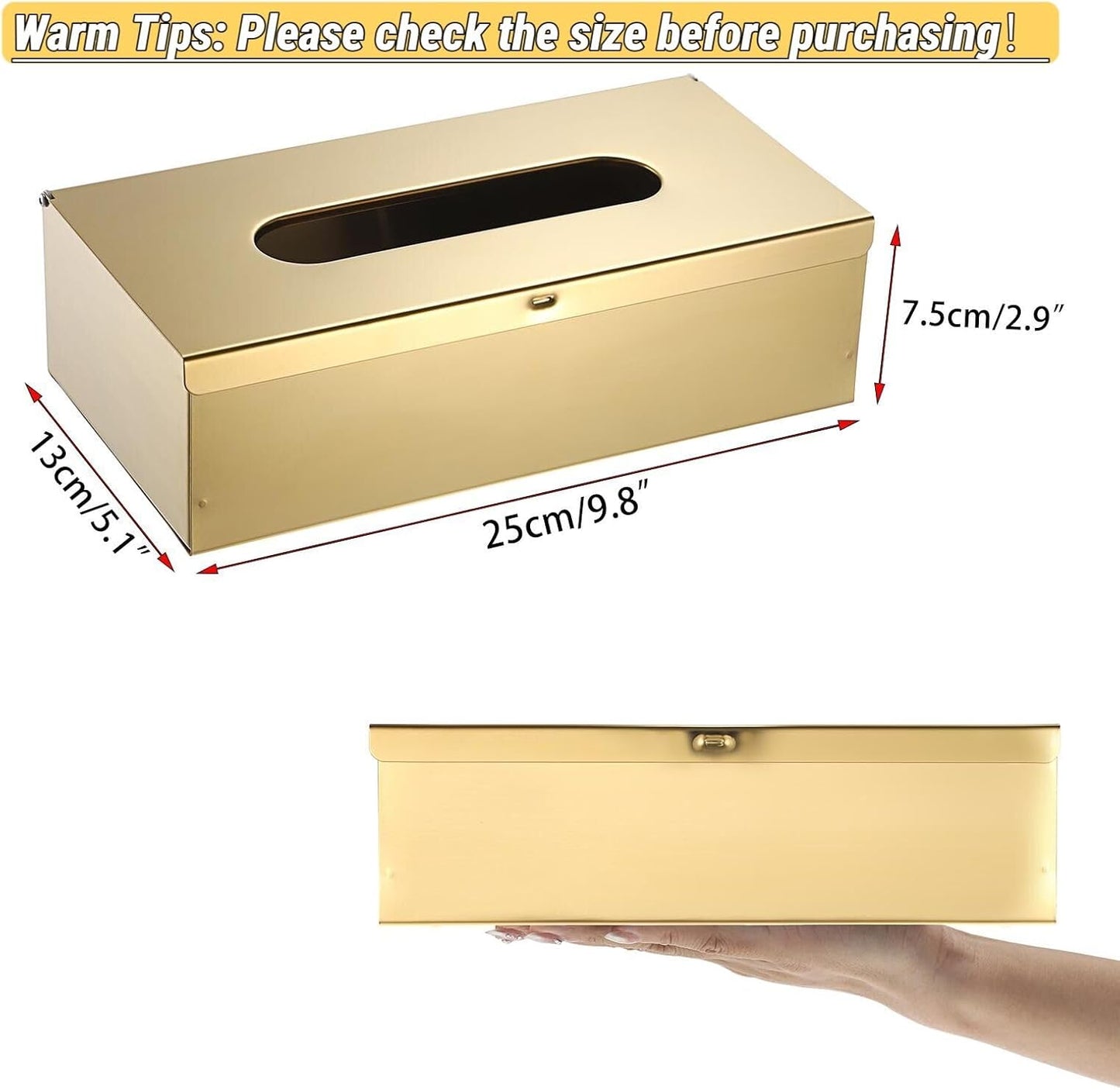 Sumnacon Tissue Box Cover Rectangle Stainless Steel Tissue Box Stylish Tissue Box Holder, Modern Tissue Cover for Bathroom Toilet Bedroom Living Room Kitchen Table Desk Office, Gold