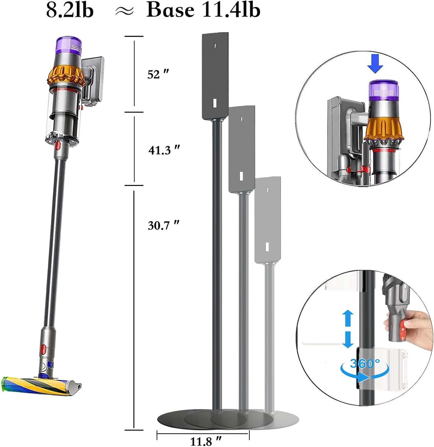 Height-Adjustment Vacuum Stand for V7/V8/V9/V10/V11/V12/V15/Gen5,Pure Metal Storage Holder with 4 Secure Clips &Max 9 Accessories,Includes Trigger Lock Easy-Access Storage Docking Station