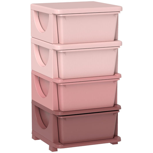Qaba 4 Tier Kids Storage Unit, 4 Drawer Chest Toy Organizer Plastic Bins for Kids Bedroom Nursery Kindergarten Living Room for Boys Girls Toddlers, Pink