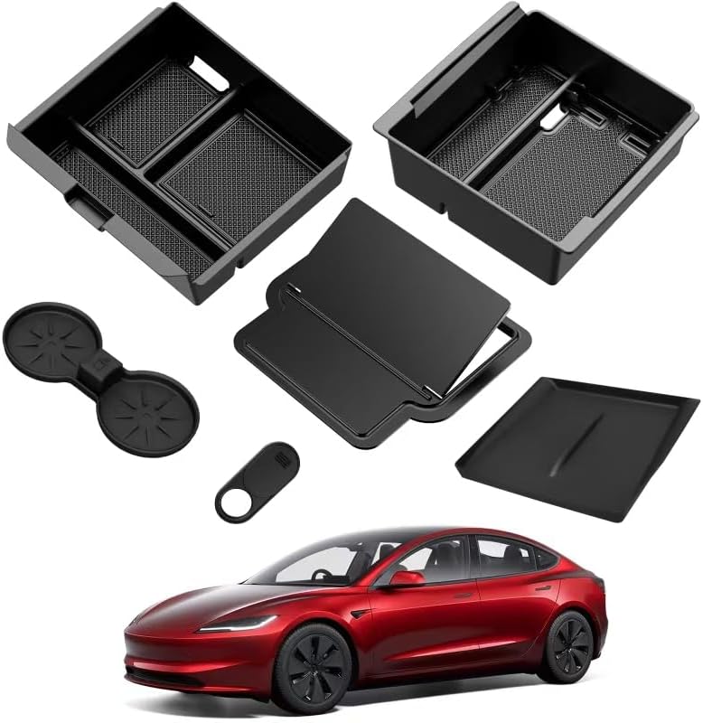 6PCS Upgraded Center Console Organizer for Tesla Model 3 Highland 2024 2025 & Model Y Juniper 2025 Accessories [Smooth Sliding] Armrest Tray Hidden Storage Box Cup Holder Webcam Cover