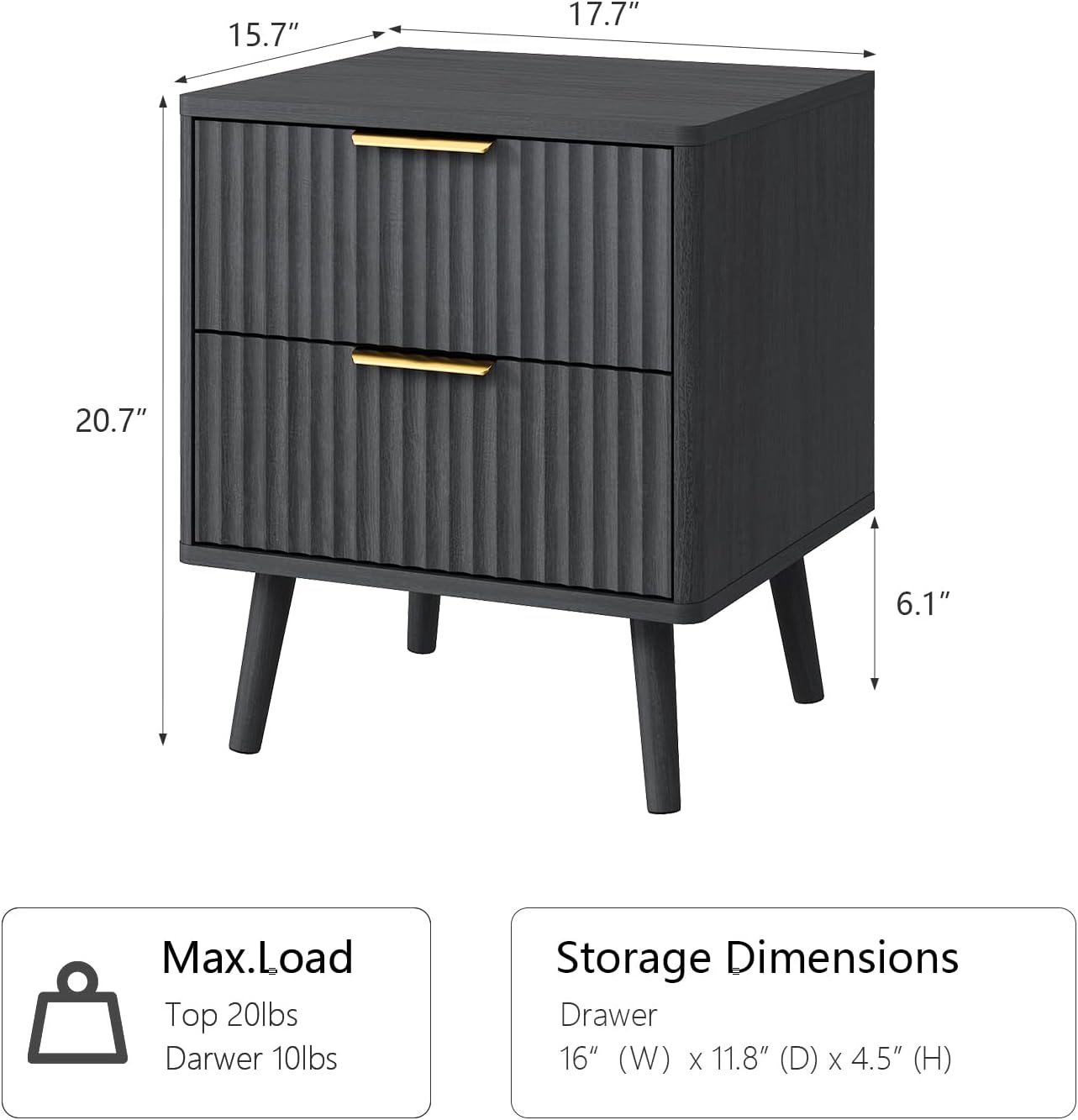 CARPETNAL Fluted Nightstand, Black Bedside Table with 2 Drawers and Gold Handles, Wood End Table Mid Century Night Stands for Bedroom Living Room