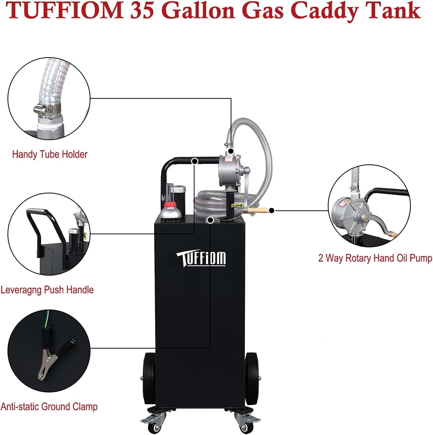 TUFFIOM 35 Gallon Fuel Gas Caddy w/Wheels & Manual Siphon Pump, Portable Diesel Fuel Transfer Storage Tank w/11.9ft Hose, Gasoline Can Container for ATV Car Mowers Tractor Boat Motorcycle