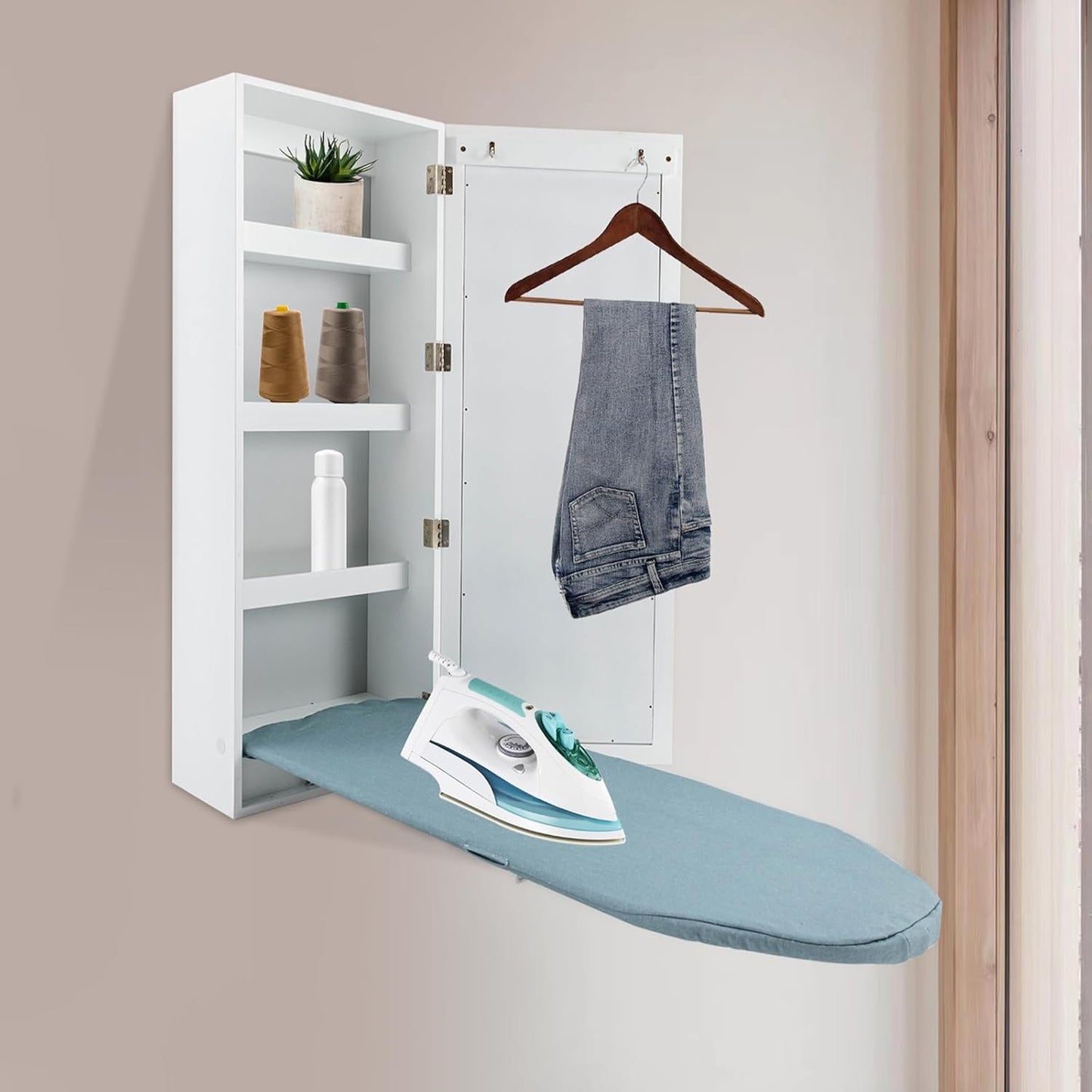 Wall Mounted Ironing Board with Storage Cabinet Built in Swivel Ironing Board with 3Tier Shelf & Dressing Mirror for Home Apartment & Small Spaces