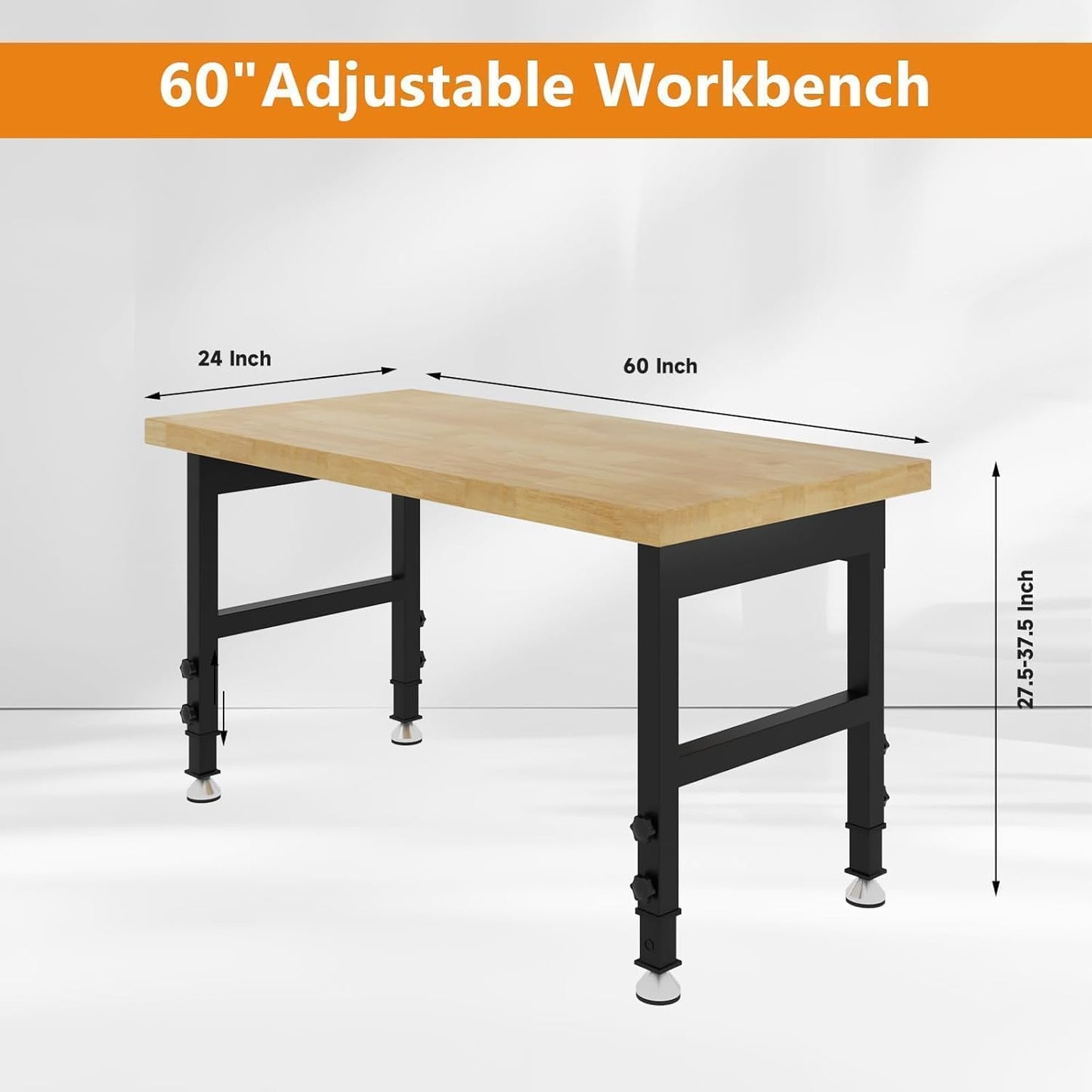 60" Adjustable Height Work Bench, Heavy-Duty Thicker Workbench, 2000 LBS Load Capacity Work Table for Garage, Workshop, Office, Home