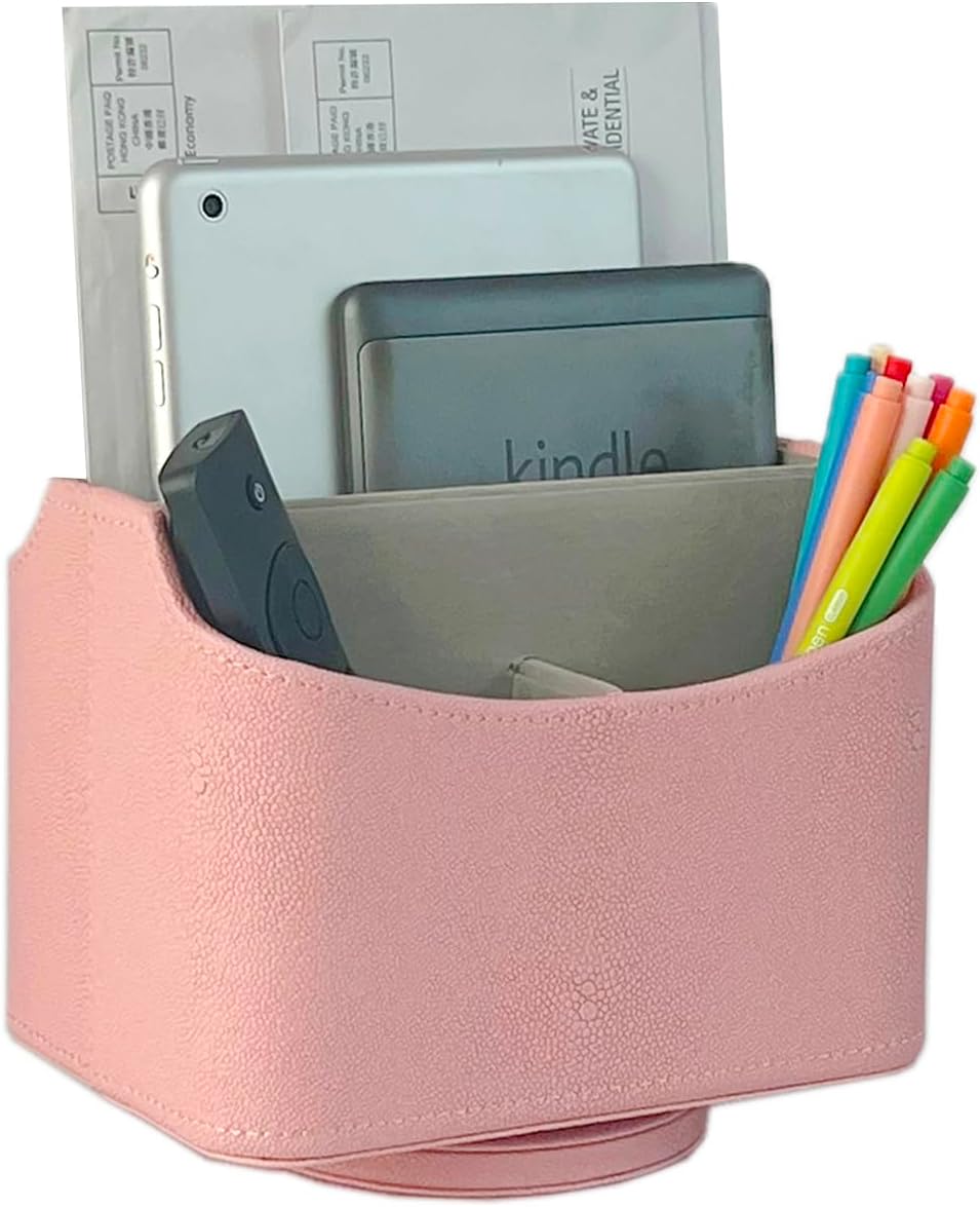 UnionBasic Rotating Desk Organizer, 360 Degree Desk Spinning Caddy, Desktop TV Guide/Mail/Media/Remote Controller Holder Organizer,Fishskin Pink