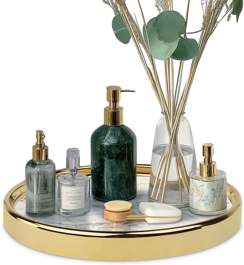 Round Marble Decorative Tray, Multi-Functional Storage Organizer for Vanity, Coffee Table, Jewelry, Perfumes and Home Decor, Luxury Accent Tray