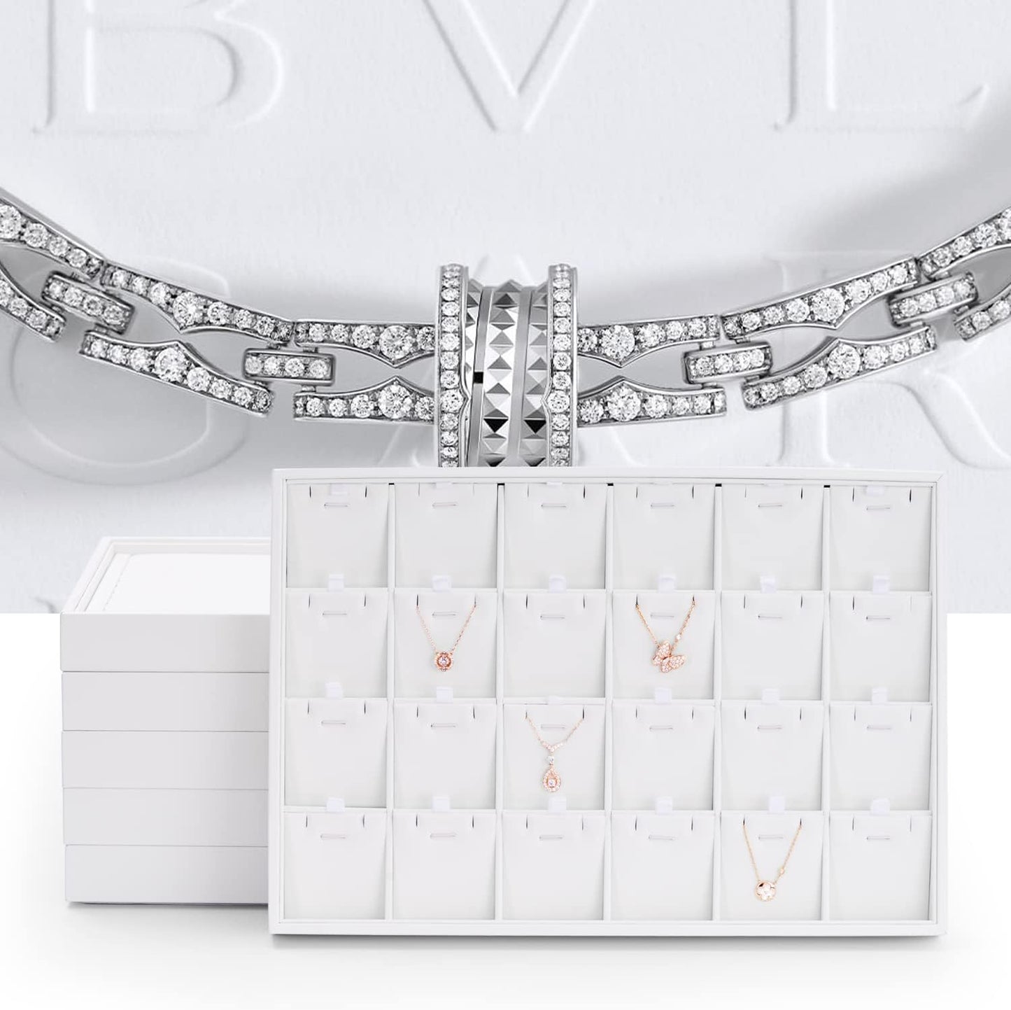 Oirlv Premium White Leather Stackable Jewelry Tray 12 Grid Jewelry Drawer Organizer Trays for Bracelets Earrings