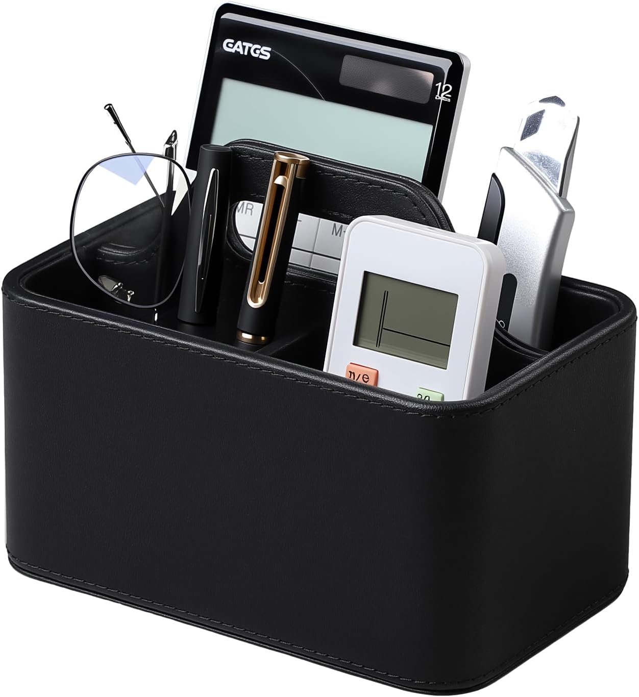 Caddy Organizer with Handle, PU Leather Remote Control Holder Desk Caddy, Portable Makeup Office Supply Organizer for Bathroom, Nightstand, Dresser (Black)