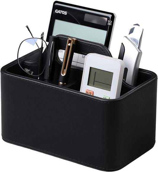 Caddy Organizer with Handle, PU Leather Remote Control Holder Desk Caddy, Portable Makeup Office Supply Organizer for Bathroom, Nightstand, Dresser (Black)