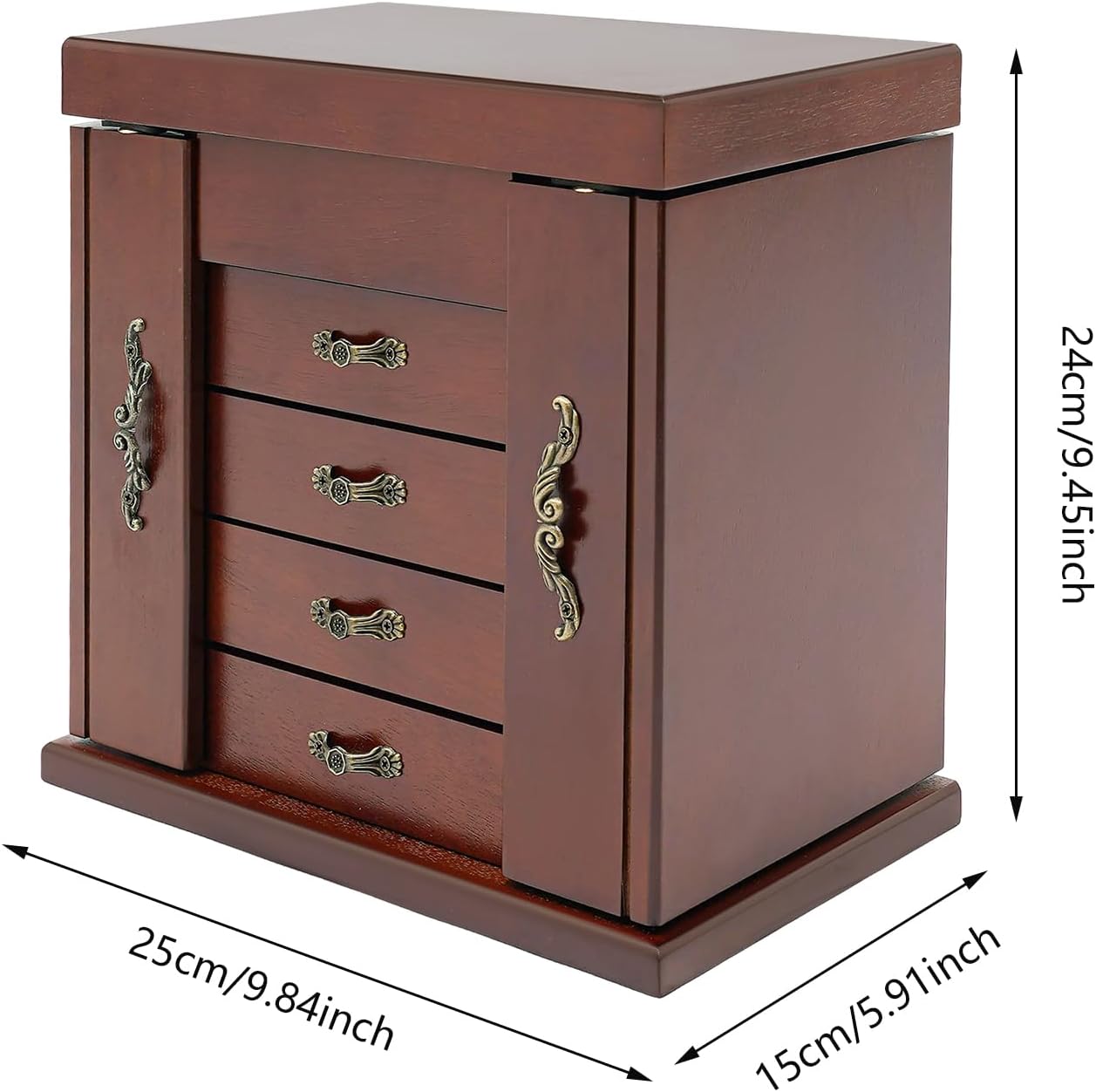 4-Drawer Wooden Jewelry Box, Wood Jewelry Organizer with 2 Side Doors and Mirror, Vintage Brown Finish Storage Case for Women Girls Gift Ready Watch Necklace Ring Earring