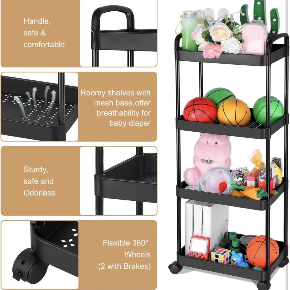 3-Layer, 4-Layer Rolling Cart with Wheels, Detachable Utility Storage Cart with Handle Storage Basket Organizer Shelves for Bathroom, Kitchen Pack of 2