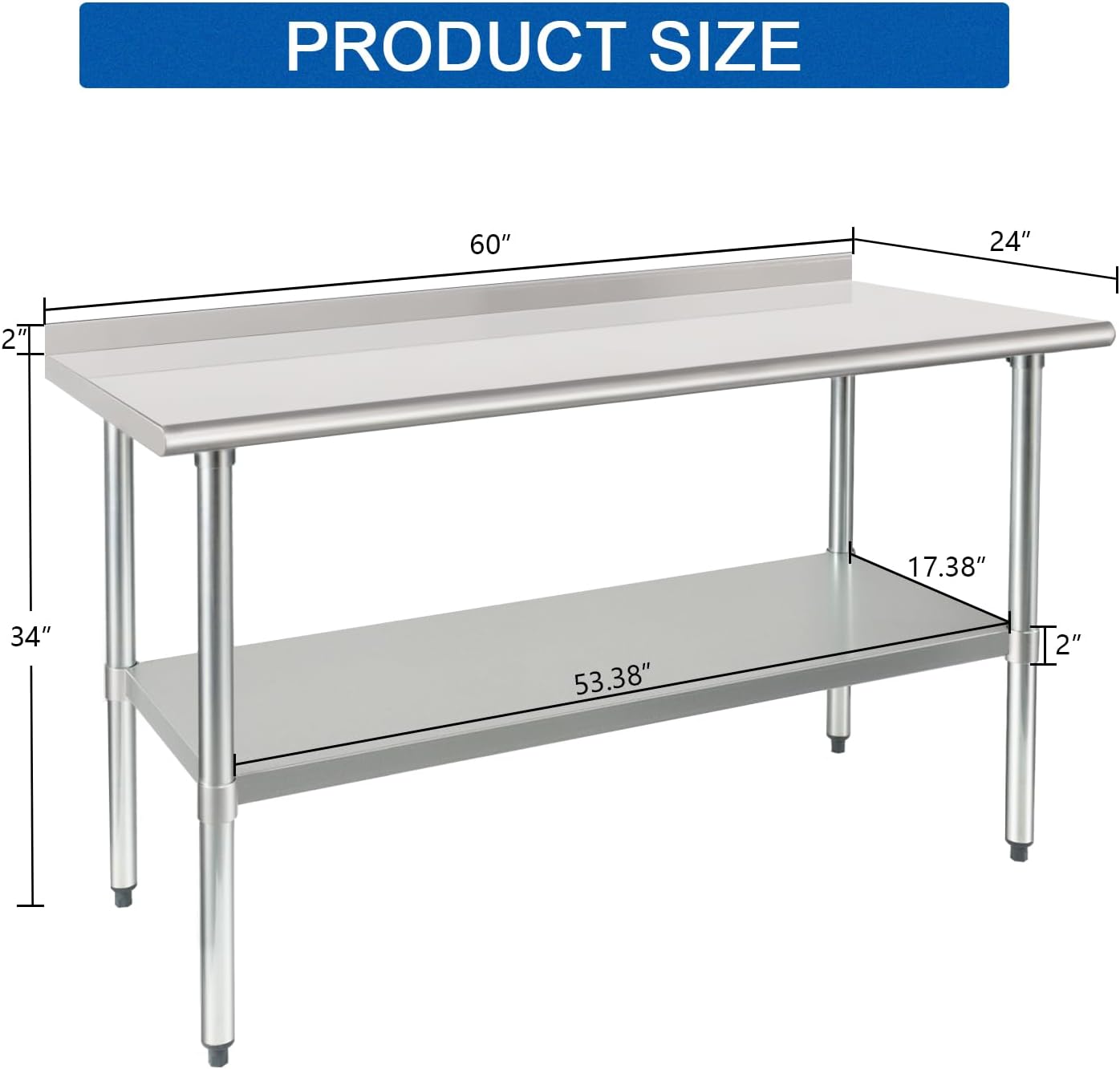 HARDURA Stainless Steel Table Prep & Work Table 24 x 60 Inches NSF Heavy Duty Commercial with Undershelf and Backsplash for Restaurant Kitchen Home and Hotel