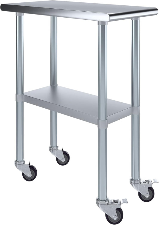 AmGood 30" x 15" Stainless Steel Work Table with Casters | Heavy Duty Metal Utility Table On Wheels | Kitchen Island Cart
