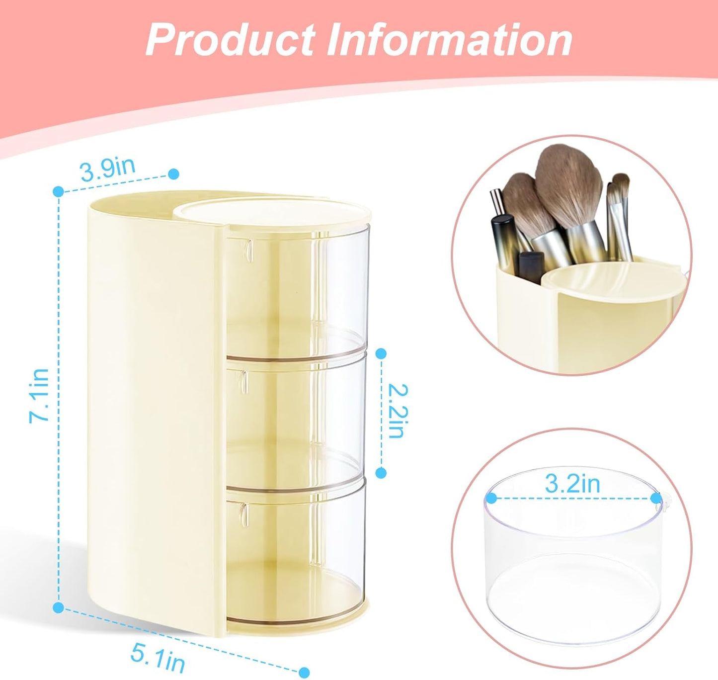 Hair Accessories Organizer with Hair Brush Holder, Rotatable Makeup Brush and Jewelry Storage Box for Hair Clips, Earrings, Necklaces, Bracelets, Rings, and Daily Accessories (Off White,3-Layer)