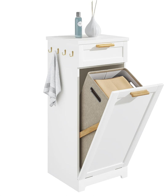 VECELO Tilt Out Laundry Hamper, 35" Bathroom Cabinet with Hidden Removable Basket, 1 Drawer and 4 Side Hooks for Storage, White