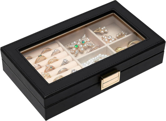 Homde Jewelry Tray Stackable Jewelry Box with Glass Lid, Removable Dividers for Vanity Table - Christmas Gift Idea for Girls and Women (Black)