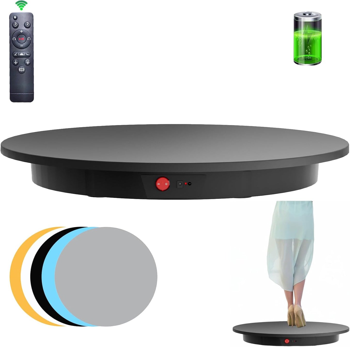JAYEGT Motorized Rotating Display Stand,350Lbs Load,360 Degree Electric Rotating Turntable for Photography Products Display, Show,Remote Control +5 Colors Backgrounds (Black/23.6Inch/Rechargeable)