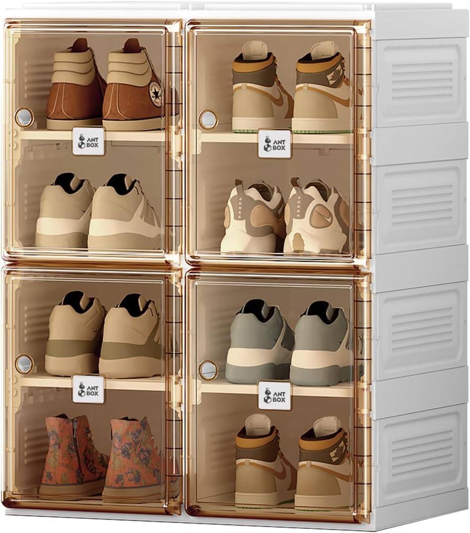 ANTBOX Shoe Organizer Storage Box, Portable Folding Shoe Rack For Closet With Magnetic Clear Door,Large Sneaker Cabinet Bins All-in-one Sturdy Easy Assembly 4 Layers-8 Grids