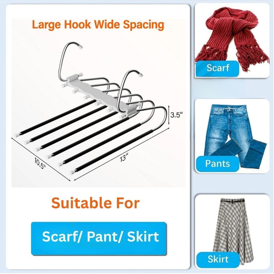 Space-Saving 6-Tier Metal Pants Hanger with Non-Slip Coating, Pack of 2, 12 Hooks Included, Stainless Steel Design, Can Reduce 80% of Clutter, for Holidays - White