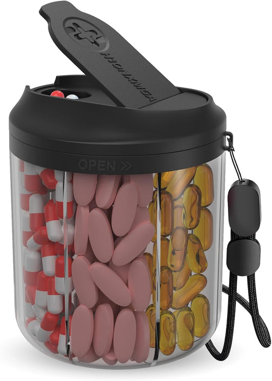 Pill Dispenser with 7 Large Compartments, 4.4" H x 3.6" Dia Pill Organizer for Travel, Supplement Organizer with Anti-Mixing Design, BPA-Free Pill Container with 20 Pcs Labels, Black