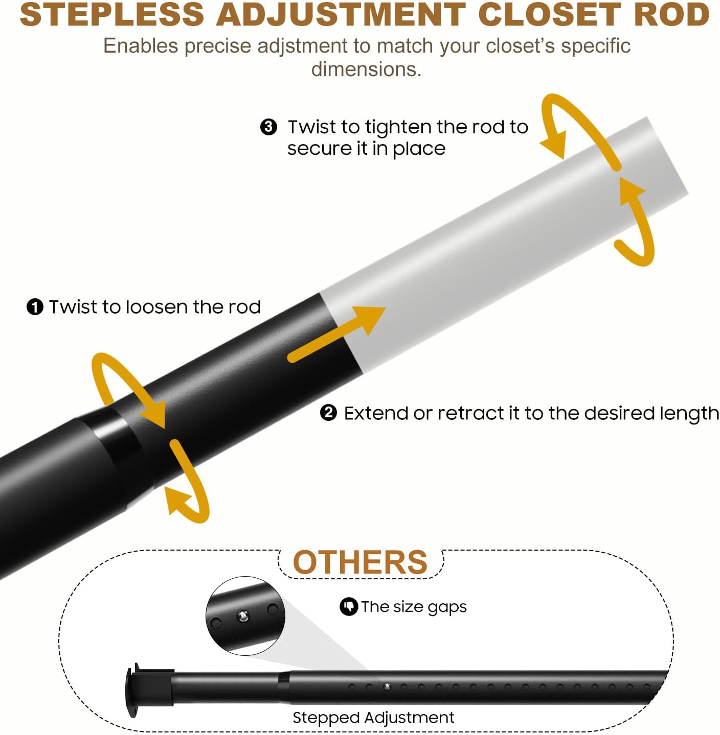 Closet Rods for Hanging Clothes, 16.5 to 60 Inches Adjustable Metal Closet Rod, Heavy Duty Clothes Hanging Rod for Closet Wardrobes Laundry