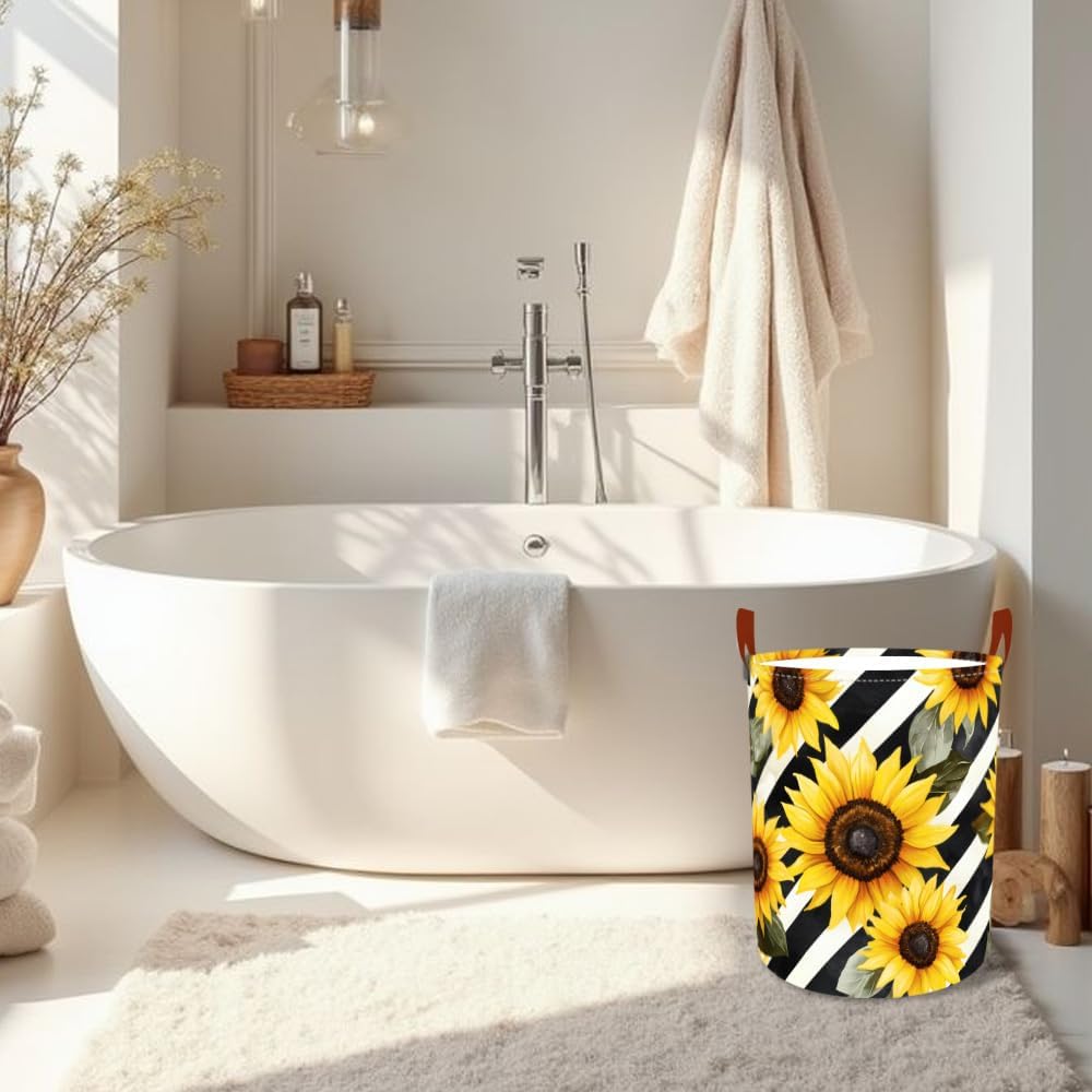 Laundry Baskets 15.7x19.7 Inch Large Sunflower Striped Design Collapsible Laundry Hamper with Handles Oxford Fabric Clothes Storage Bin Foldable Dirty Clothes Organizer for Bedroom Bathroom Dorm