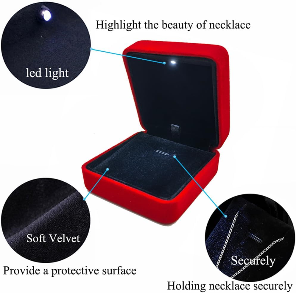 GBYAN Pendant Necklace Box with LED Light, Necklace Gift Box Velvet Jewelry Display Case for Proposal Engagement Wedding and Birthday,Red