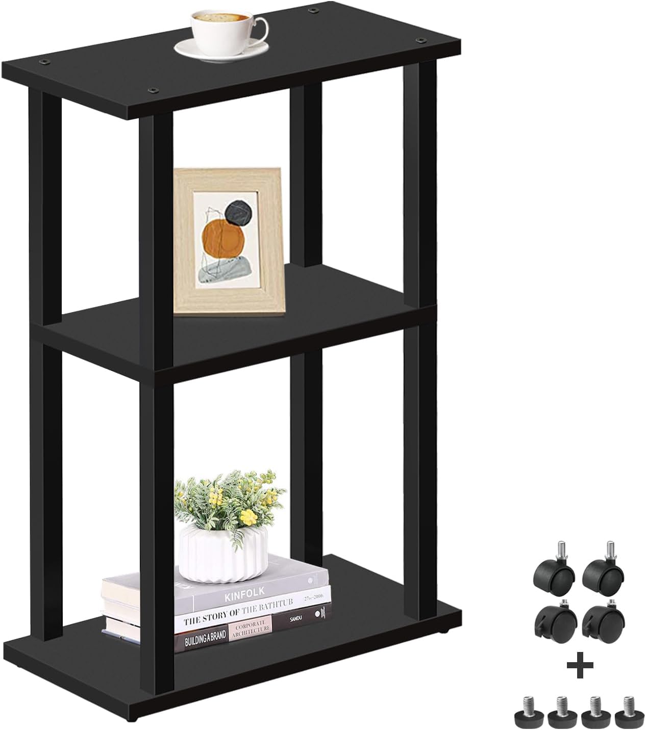 TUTOTAK Small Side Table, Narrow End Table, Bedside Table, Couch Side Table with Wheels for Living Room or Bedroom, Black TB01BK061